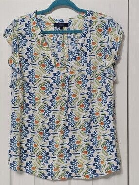 Rachel Roy Floral V-Neck Cap Sleeve Top - Blue/Green/Orange